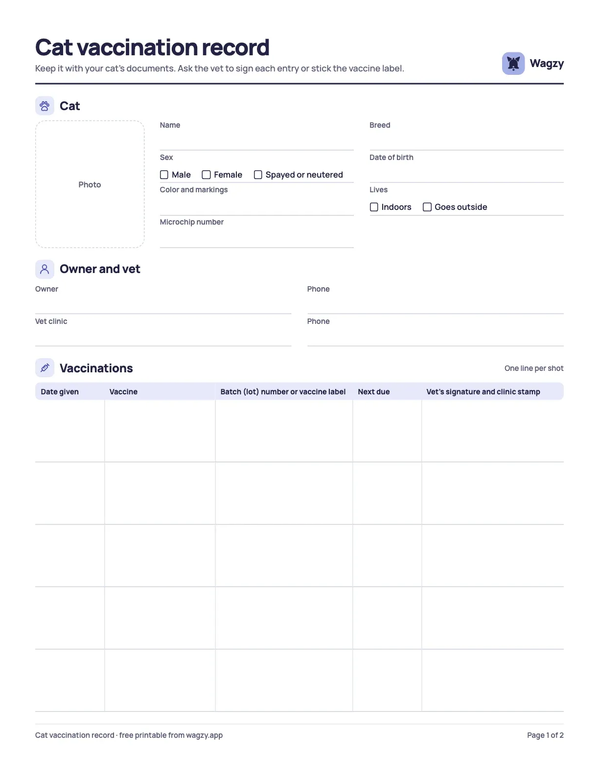 Free cat vaccination record template: the first page