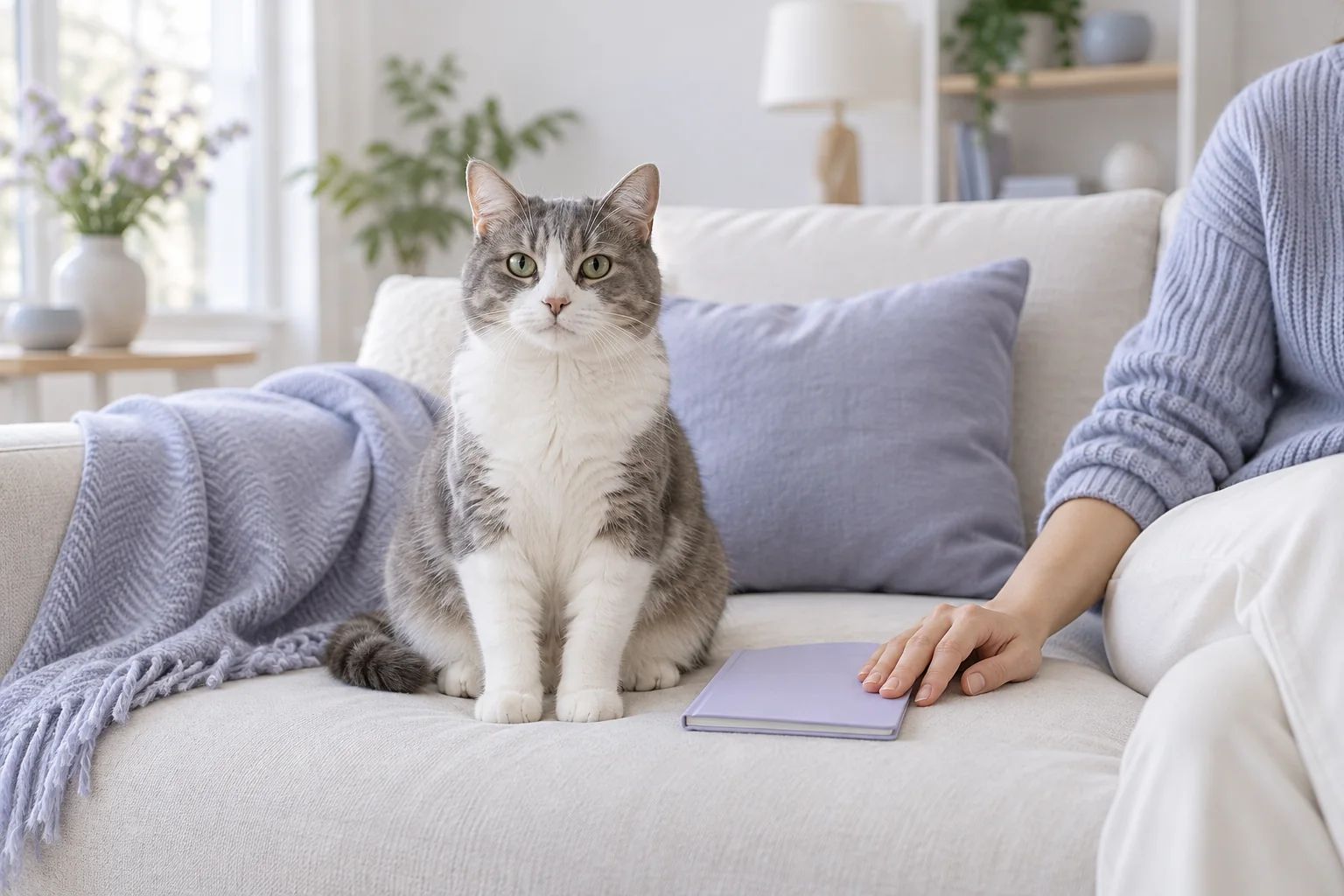 A grey-and-white cat sits upright on a light sofa next to a closed pet health booklet and its owner’s hand