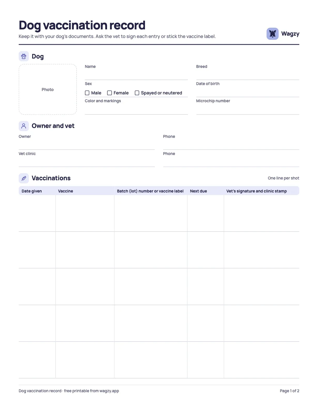 Free dog vaccination record template: the first page