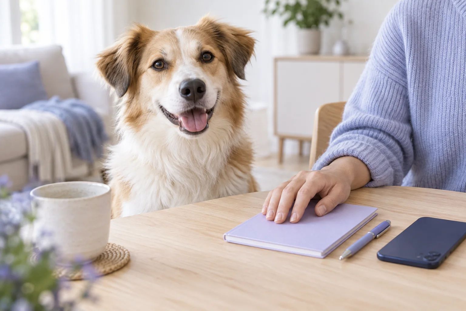A friendly mixed-breed dog sits by a table where its owner’s hand rests on a closed pet health booklet