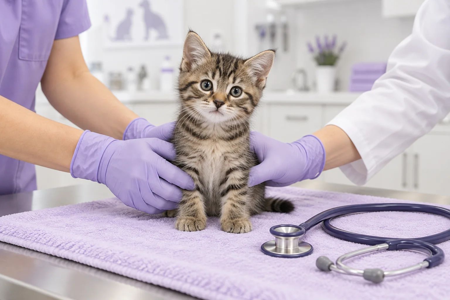 A young tabby kitten sits on a lavender towel on a veterinary exam table, steadied by a vet’s gloved hands