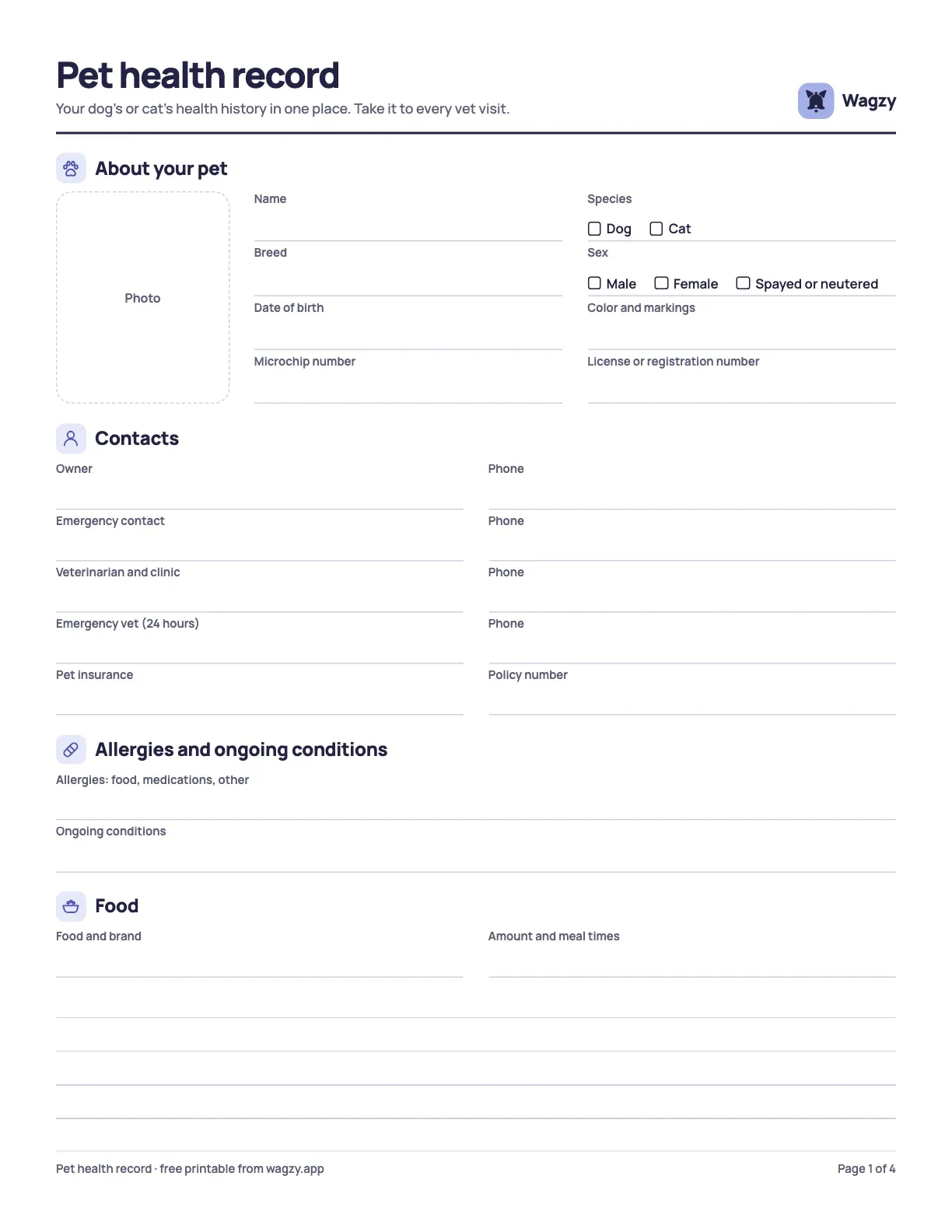 Free pet health record template: the first page