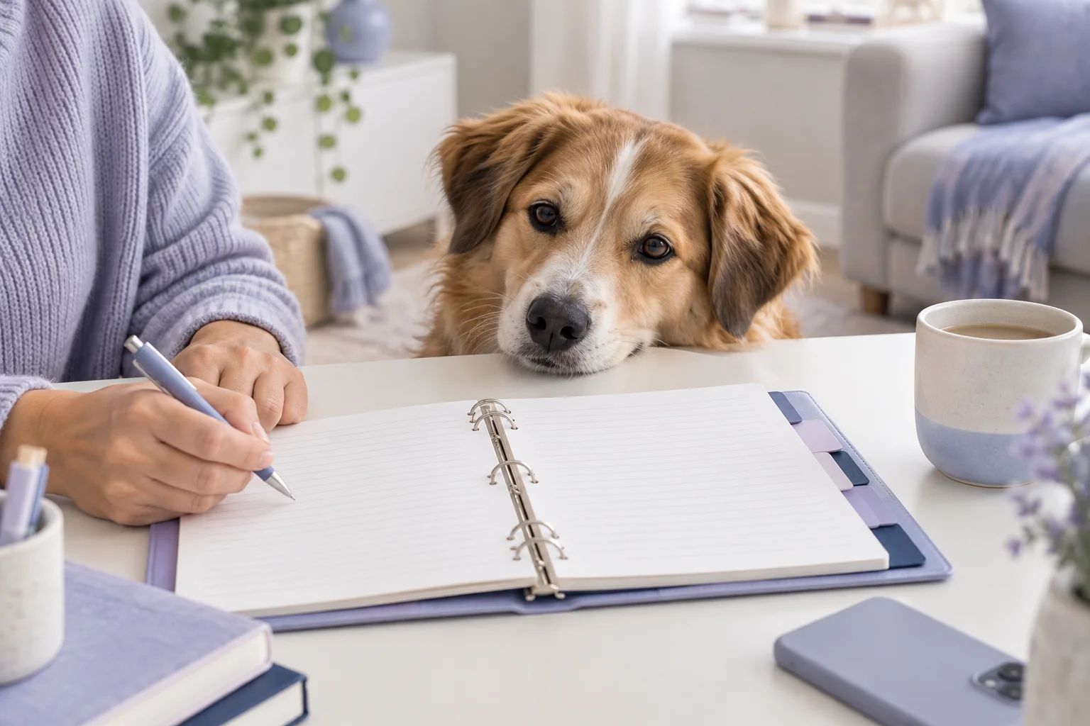 A dog rests its chin on a desk next to an open binder with blank record pages while its owner writes