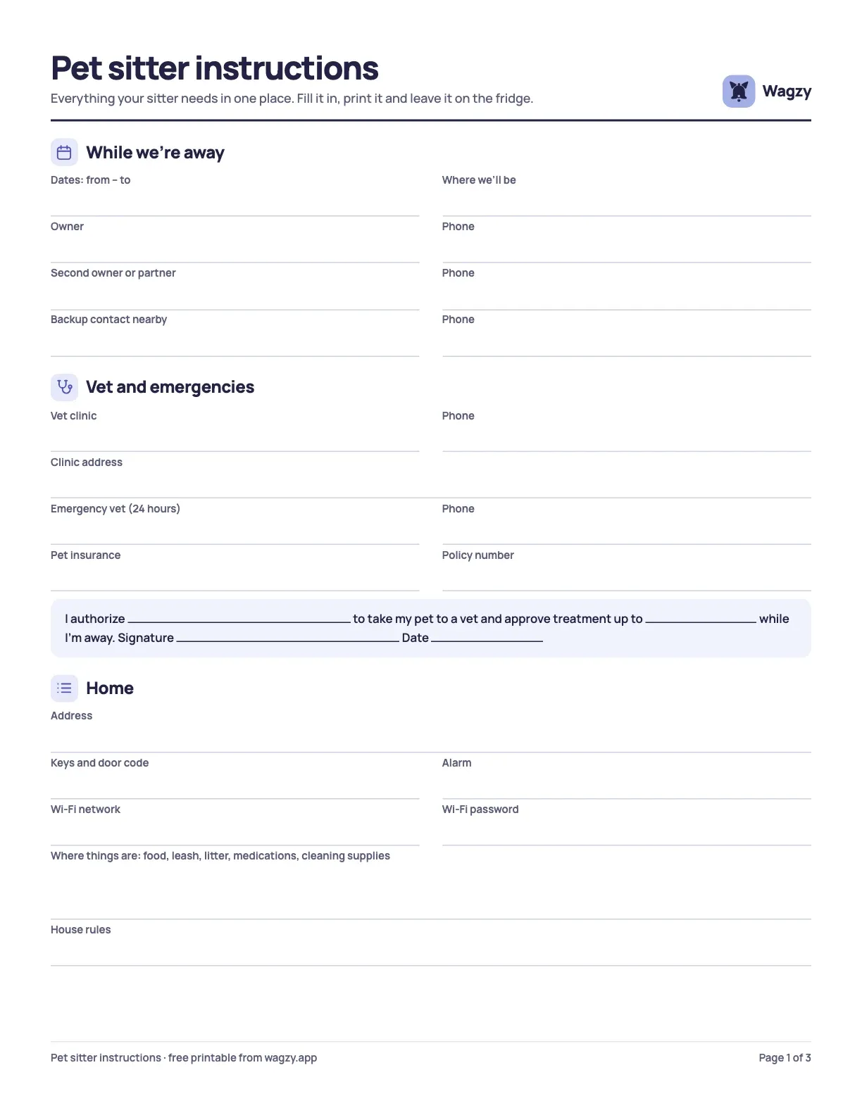 Free pet sitter instructions template: the first page