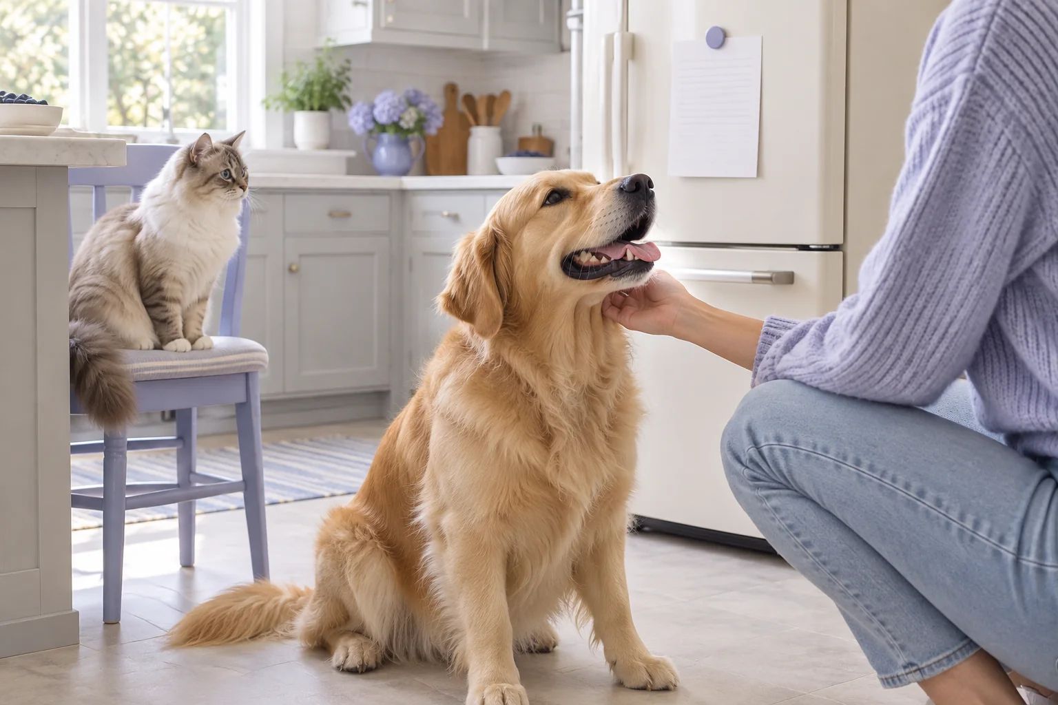 A pet sitter crouches to greet a golden retriever in a kitchen while a cat watches from a chair; a note hangs on the fridge