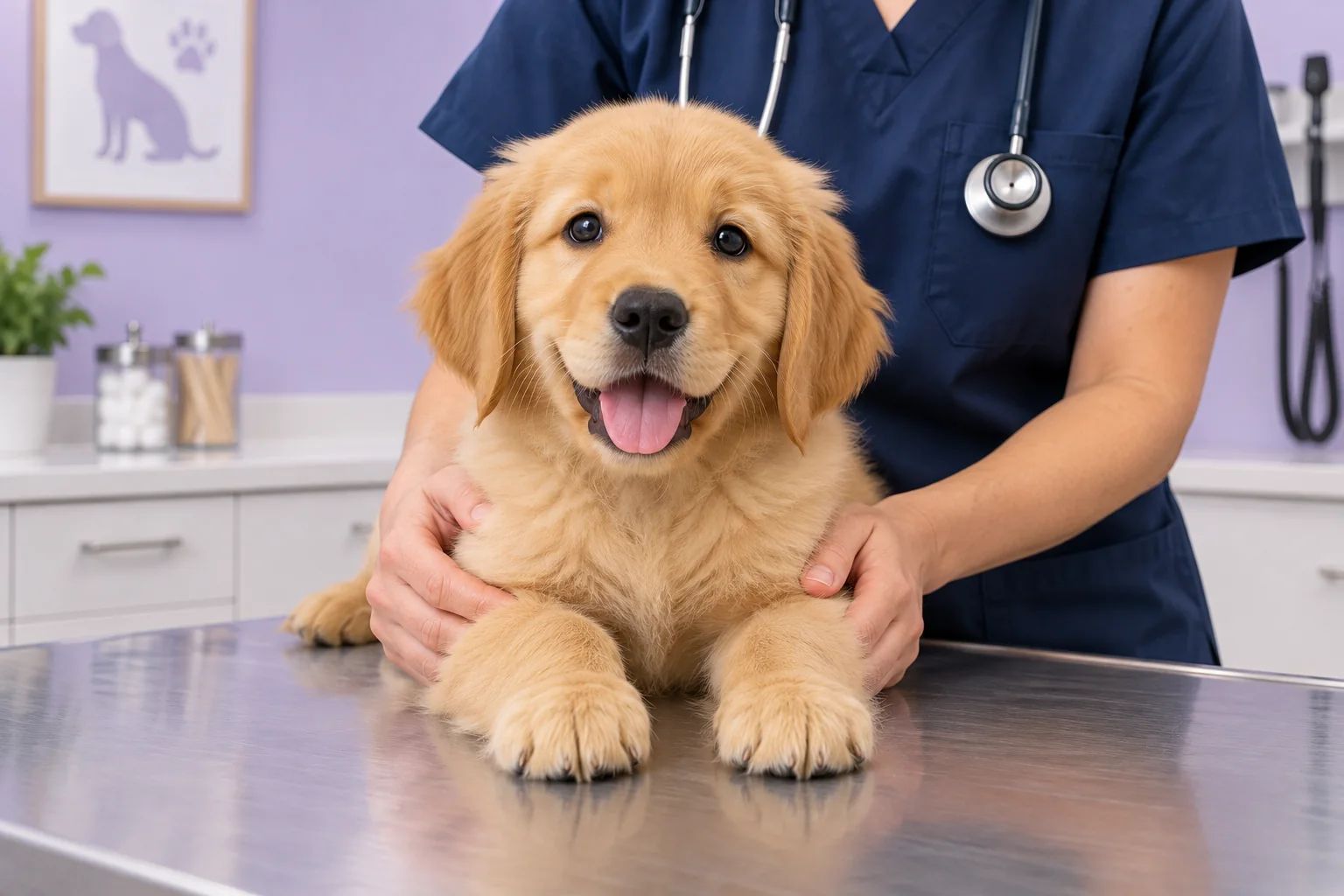 A golden retriever puppy on a veterinary exam table, gently held by a vet in navy scrubs