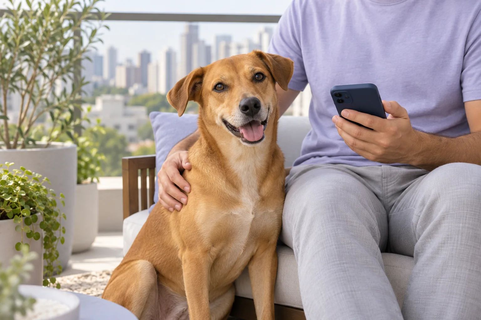 Um vira-lata caramelo sentado na varanda de um apartamento, ao lado do tutor, que segura o celular